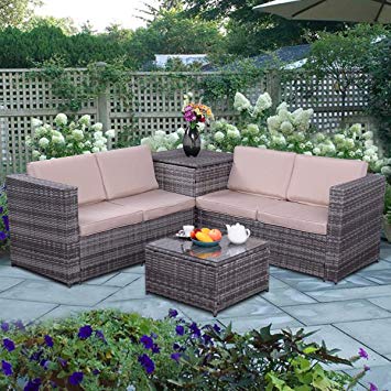 Tangkula 4PCS Patio Sofa Set Wicker Rattan Outdoor Garden Lawn Cushioned  Seat with Storage Conversation Set (Mix Grey)