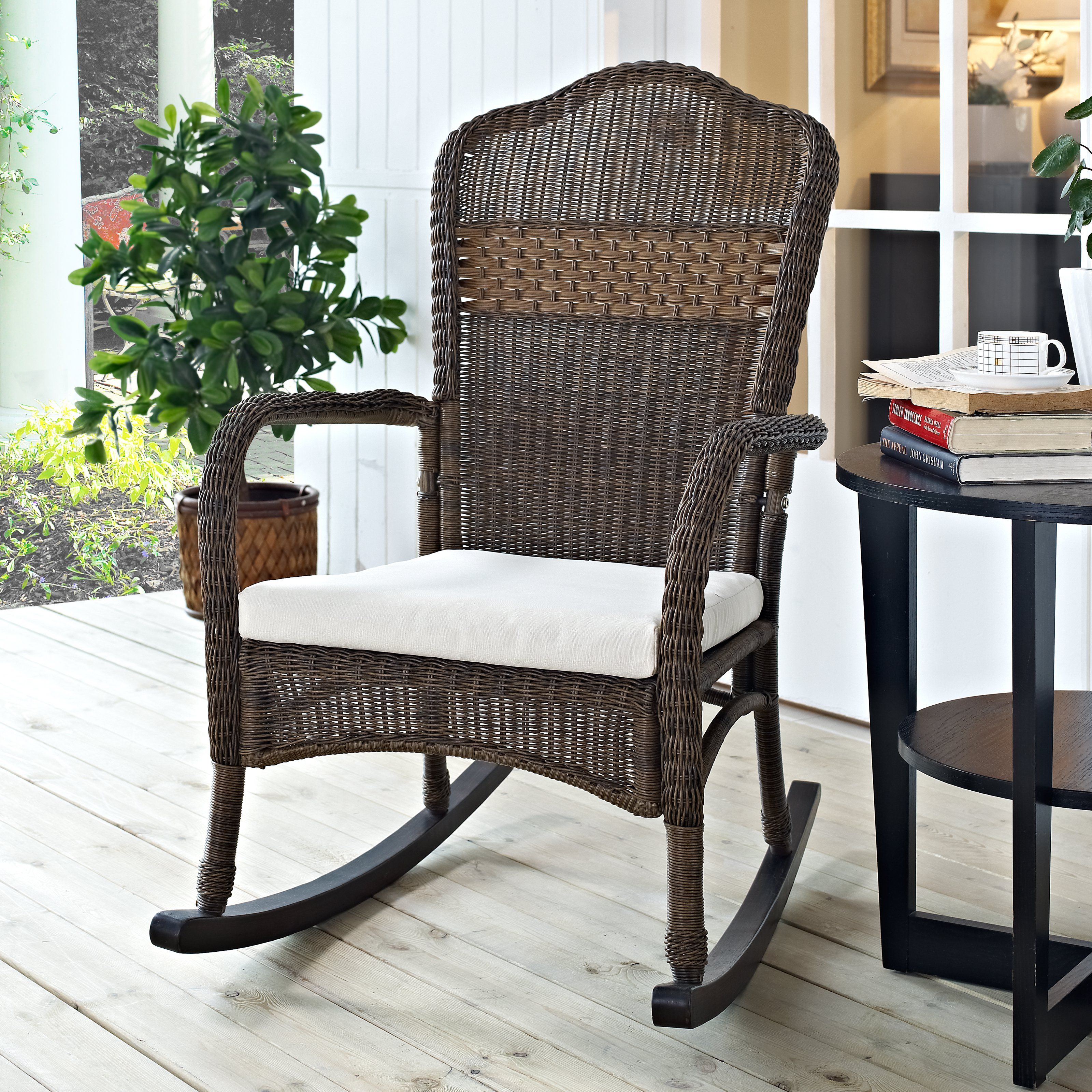 Coral Coast Mocha Resin Wicker Rocking Chair with Beige Cushion - $209.98  @hayneedle