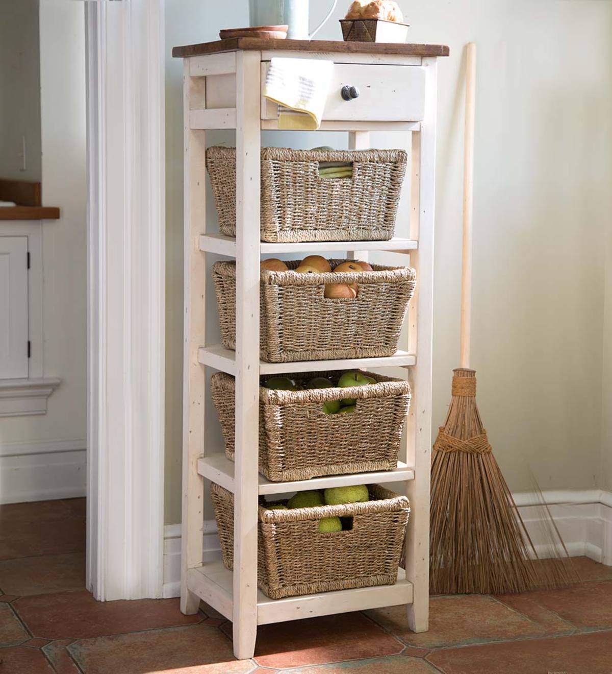 Drawer Stand with Shelves and Wicker Storage Baskets