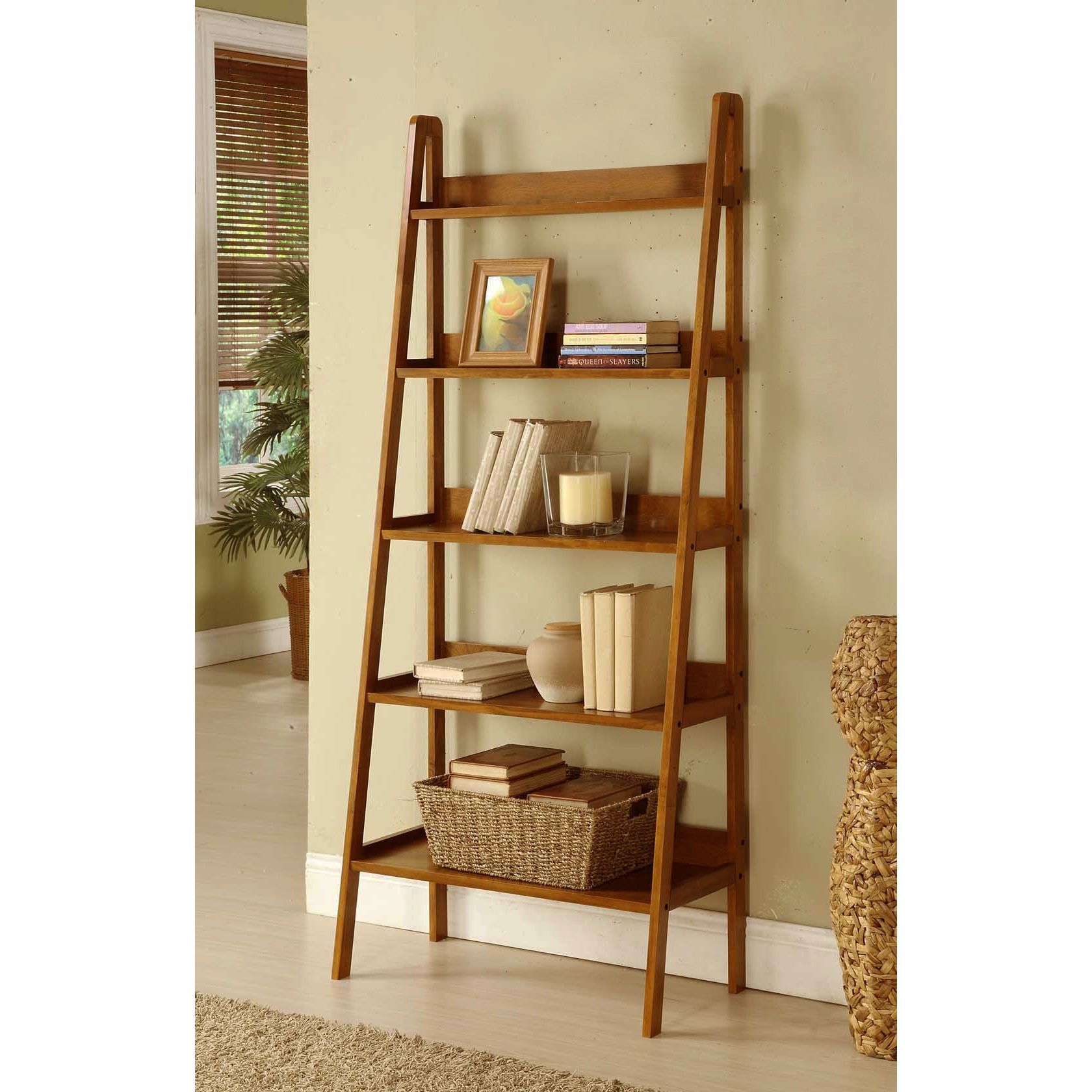 Contemporary Mahogany Leaning Ladder Shelf Bookcase (Mahogany Finished 30  Wide Wooden A-Shelf), Yellow