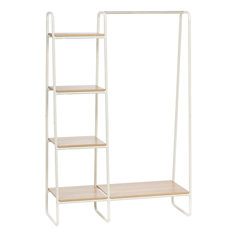 IRIS White and Light Brown Metal Garment Rack with Wood Shelves