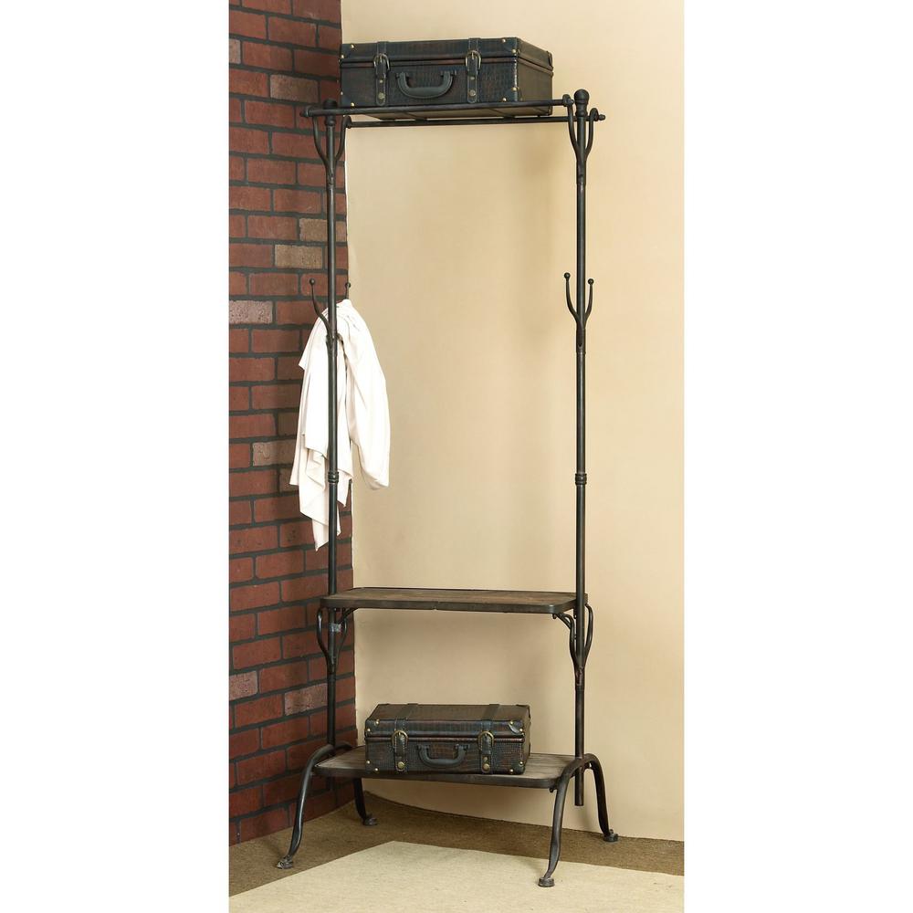 Litton Lane Black Metal and Natural Wood Clothing Rack with Coat Hooks and  Shelves-56117 - The Home Depot