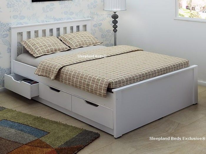 White Wooden Storage Bed Frame With Drawers - 4ft6 Double