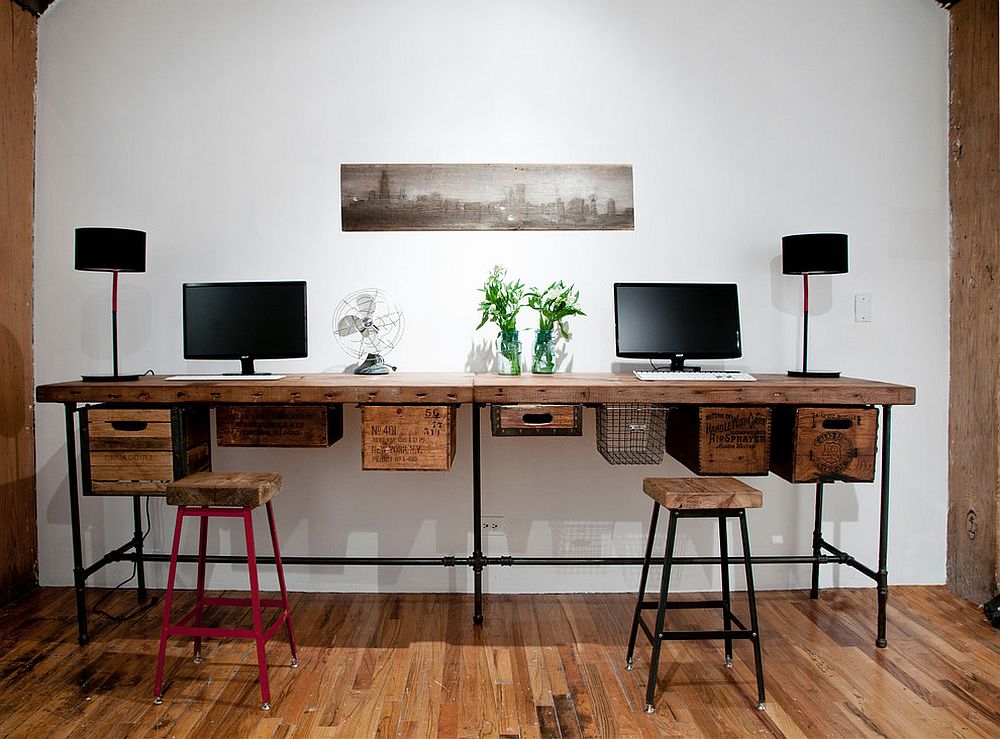 reclaimed wood and vintage crates used to create a lovely DIY work desk  [