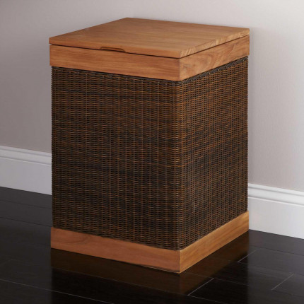 Hinged Lid Teak Clothes Hamper with Liner