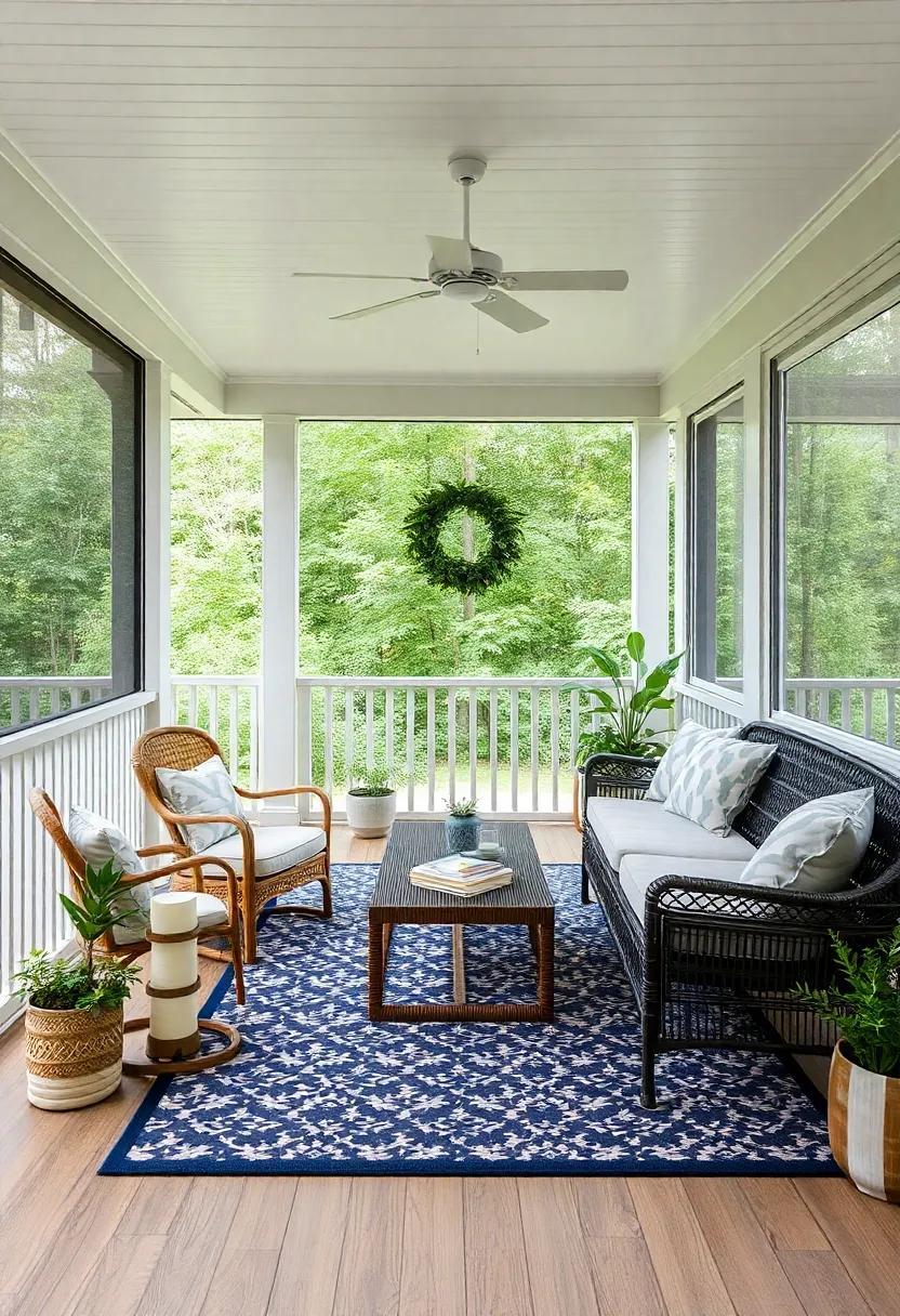 27 Stunning Screened Porch Flooring Ideas Featuring Patterned Rugs for Cozy Outdoor Living