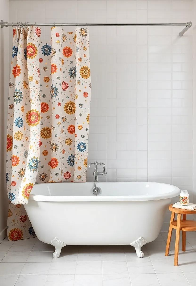 Bohemian Touch: Select‌ a​ whimsical, eclectic shower curtain with ‍varied patterns that ​complement a free-spirited styled bathtub ⁤for‌ a carefree ‍vibe