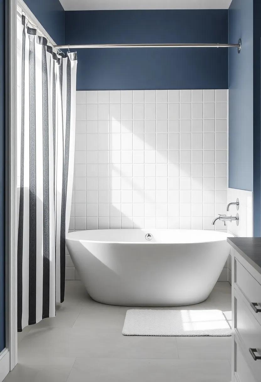 Nautical⁣ Charm: Use ‍a⁢ striped shower curtain reminiscent of sailor’s attire alongside a sleek ⁢white bathtub to‌ bring a coastal theme ⁣into your ‌space