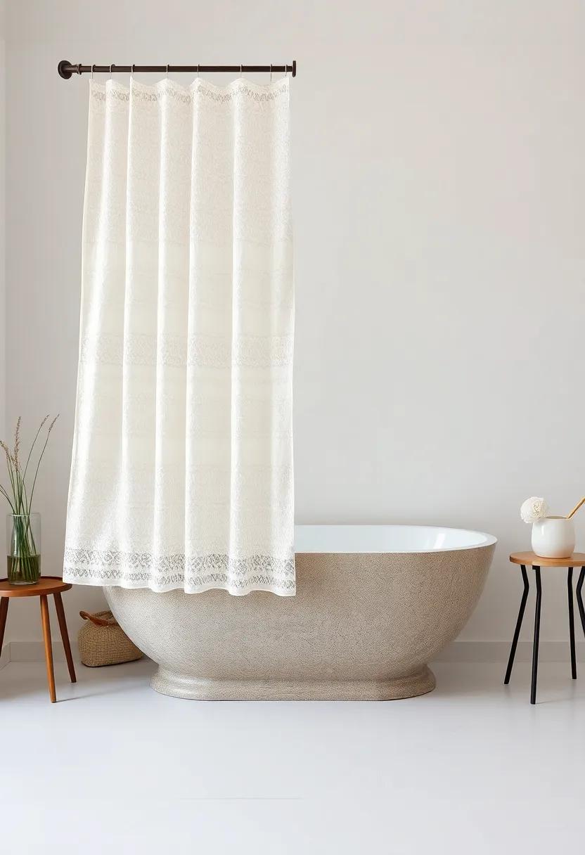 Rustic Elegance:⁢ Use ⁣a lace or textured shower ‍curtain alongside⁢ a ⁣stone or​ wooden bathtub for a beautifully rustic yet elegant⁤ bathroom design