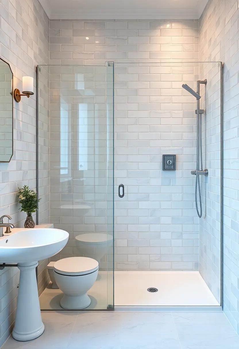 Glass Shower Enclosure: A sleek,transparent barrier that maintains an airy feeling while showcasing tile work