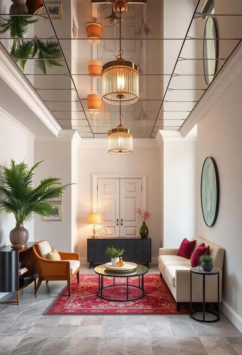 Achieve an eclectic aesthetic with a mismatched mirrored ceiling design and diverse decor styles, adding an unexpected twist to your home