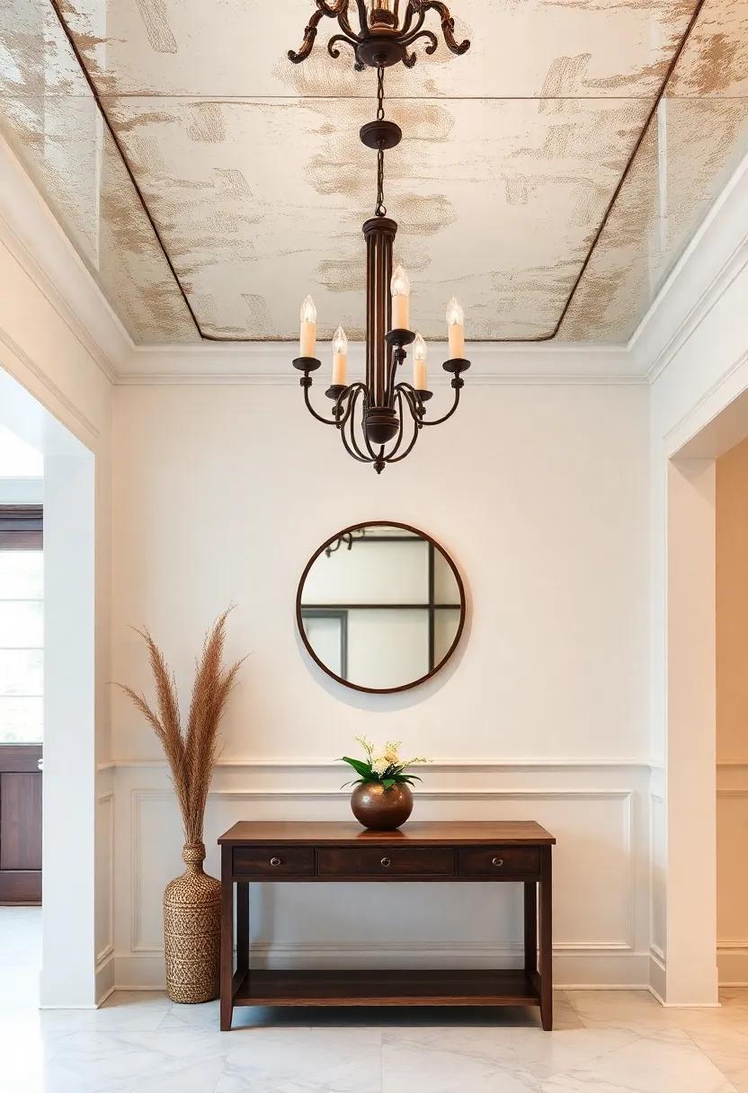 Blend rustic charm with a mirrored ceiling that features a distressed finish, adding character while maintaining a chic entryway decor