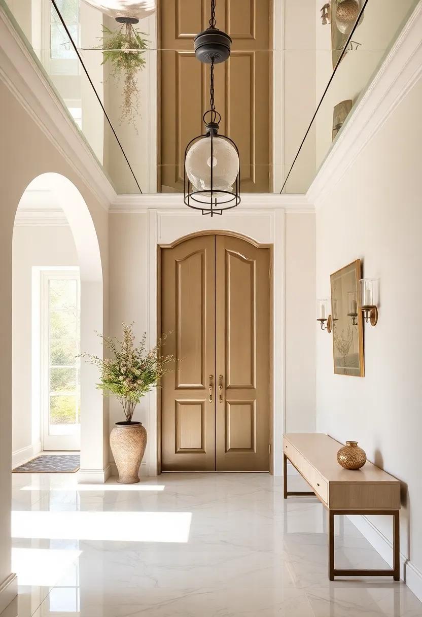 Celebrate artistry with a hand-painted mirrored ceiling that merges craftsmanship with reflective beauty for an entryway that feels truly unique