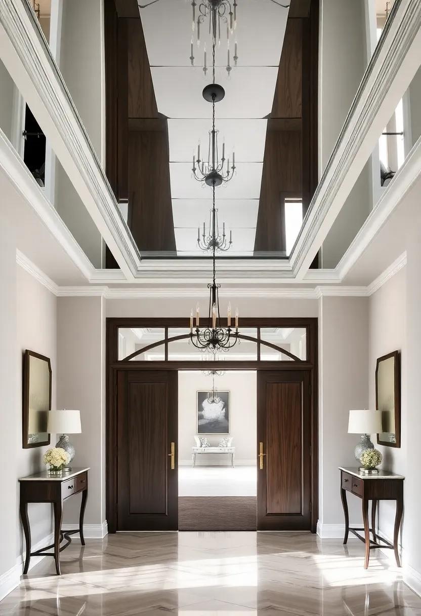 Create a dramatic effect with a coffered mirrored ceiling that adds depth and texture, perfectly paired with dark wood accents for a sophisticated look