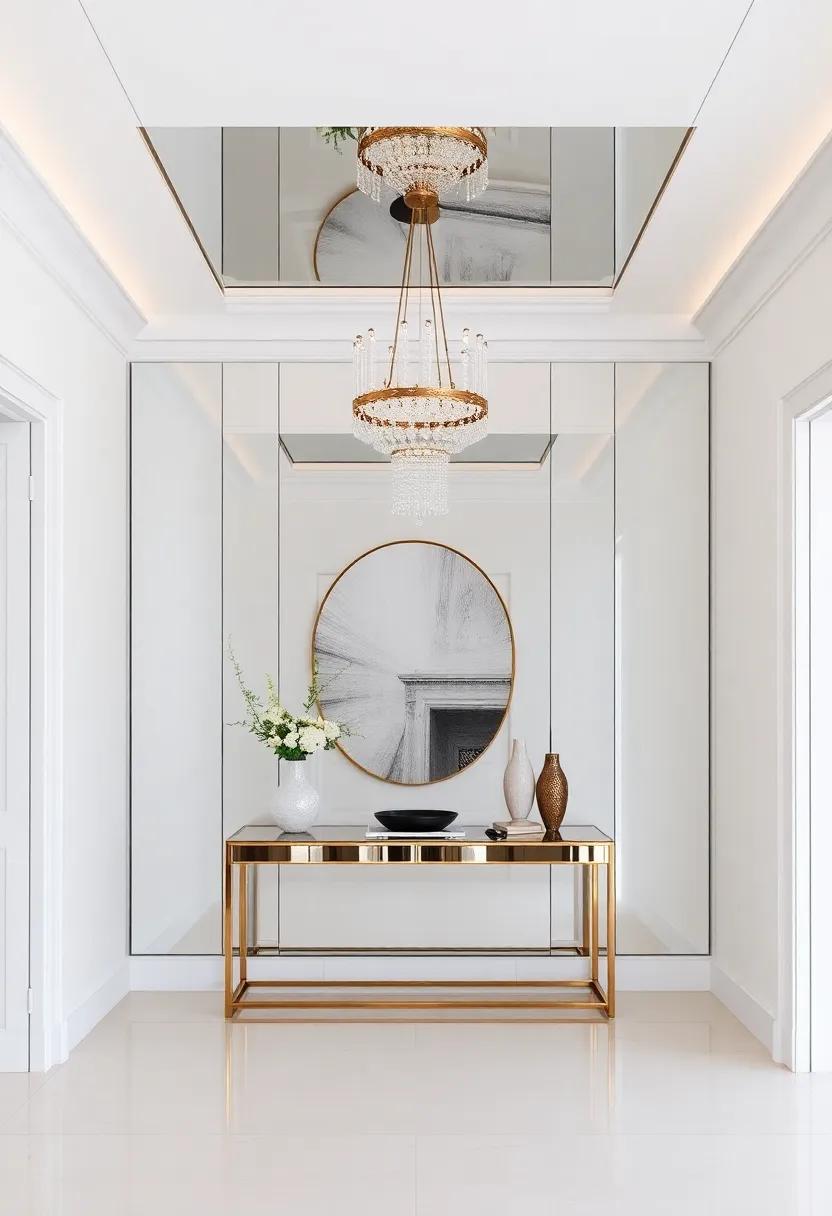 Create a luxurious hotel-like atmosphere in your entryway with a grand mirrored ceiling and an elegant console table adorned with chic decor