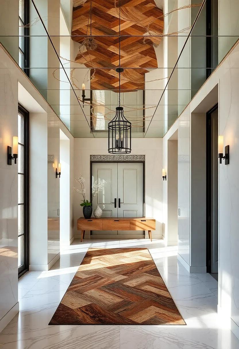 Design an eco-friendly entryway with mirrored ceilings made from reclaimed materials, sustainably combining style and environmental consciousness