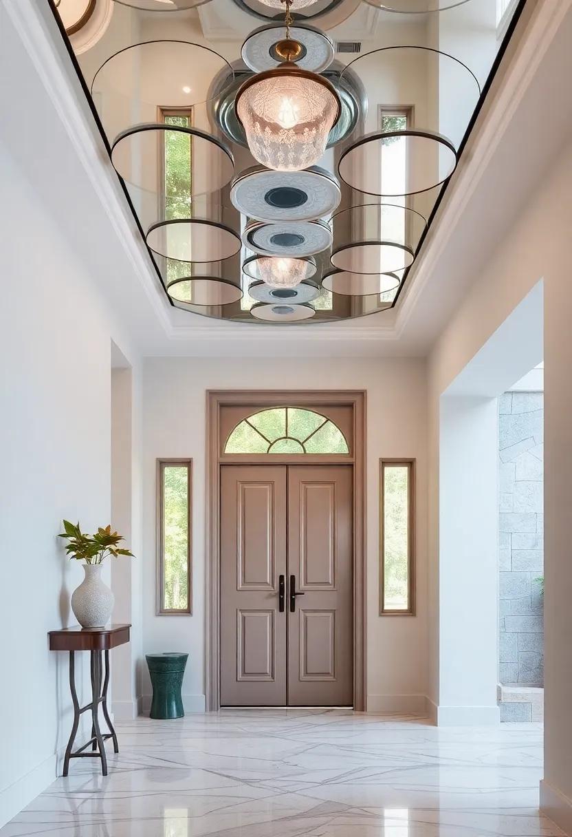 Design a whimsical entryway with a mirrored ceiling that features playful shapes and colors, igniting joy and creativity right from the front door