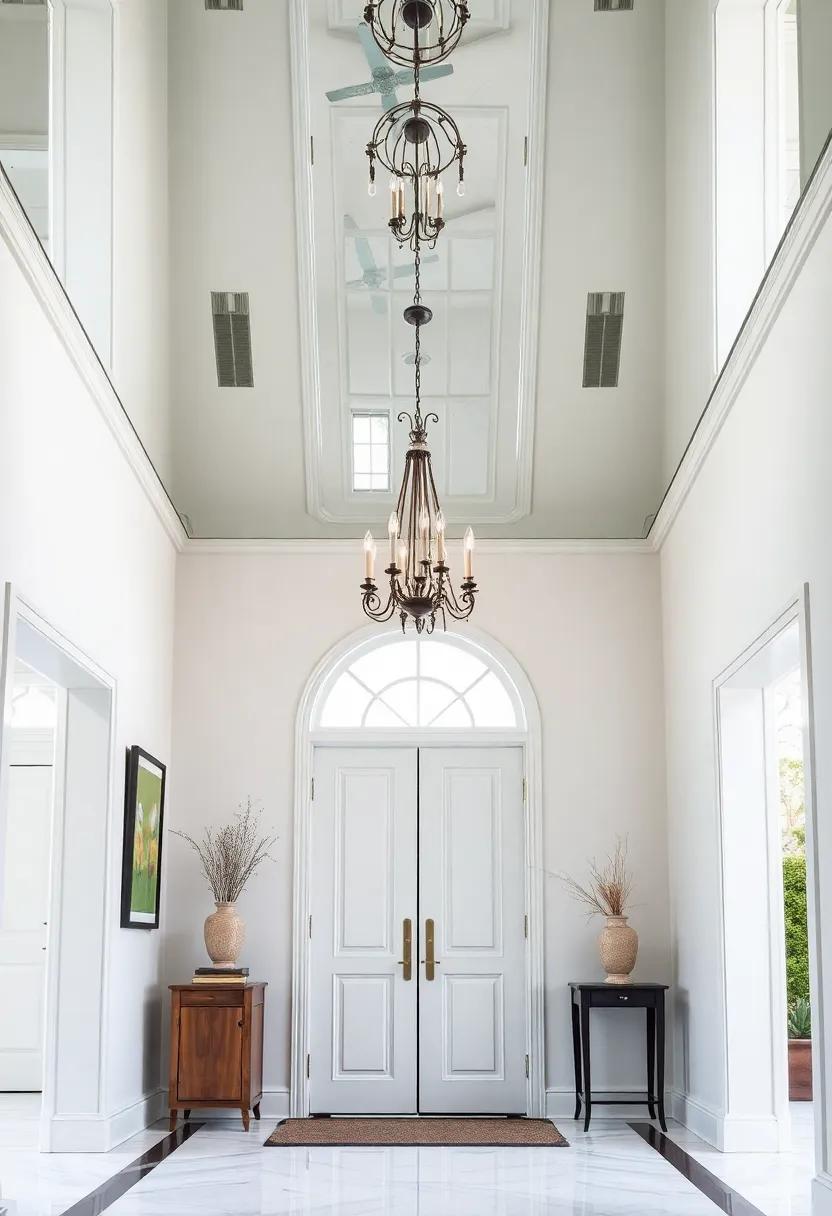 Elevate your entryway with an oversized mirrored ceiling that amplifies natural light and creates an illusion of space, making a grand first impression