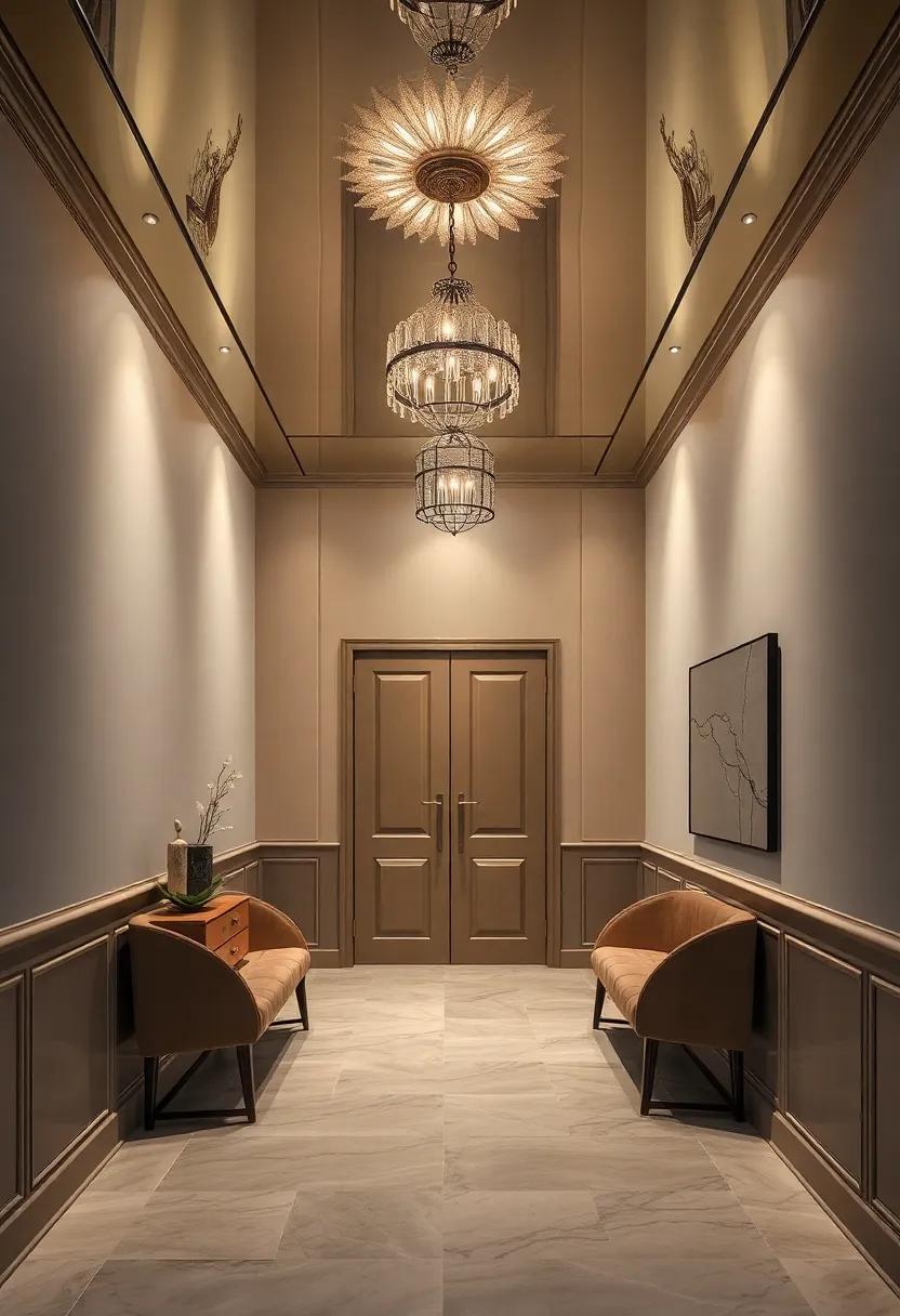 Experiment with a two-tone mirrored ceiling that contrasts muted tones below, establishing a striking focal point that captivates every visitor