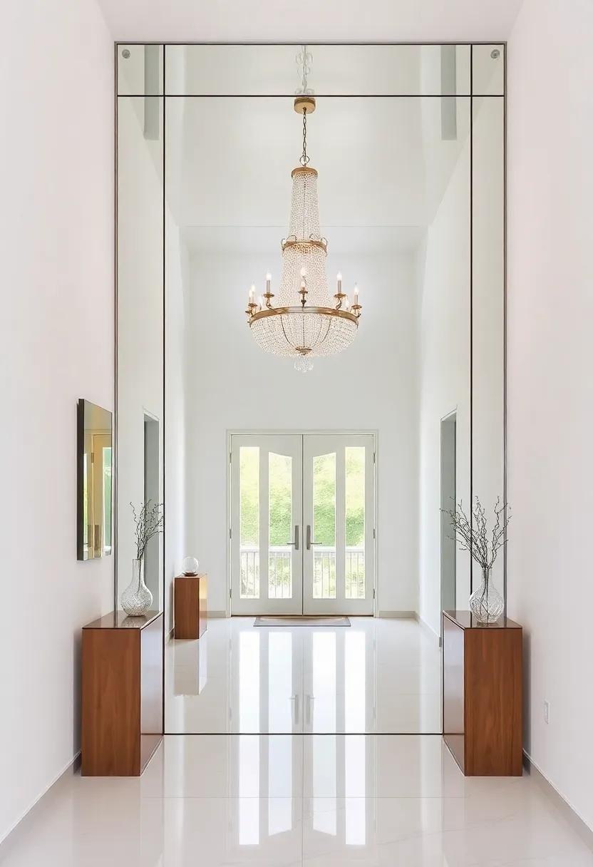 Explore a minimalist design where a sleek, frameless mirror reflects a beautiful chandelier, fusing elegance and simplicity in a modern entry