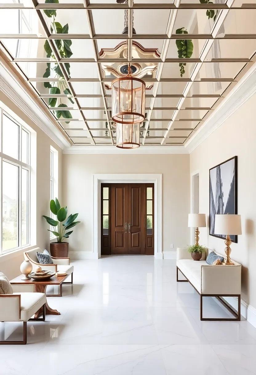 Finish with a touch of elegance using a mirrored coffered ceiling, paired with stylish furnishings and decor that elevate the overall entryway design