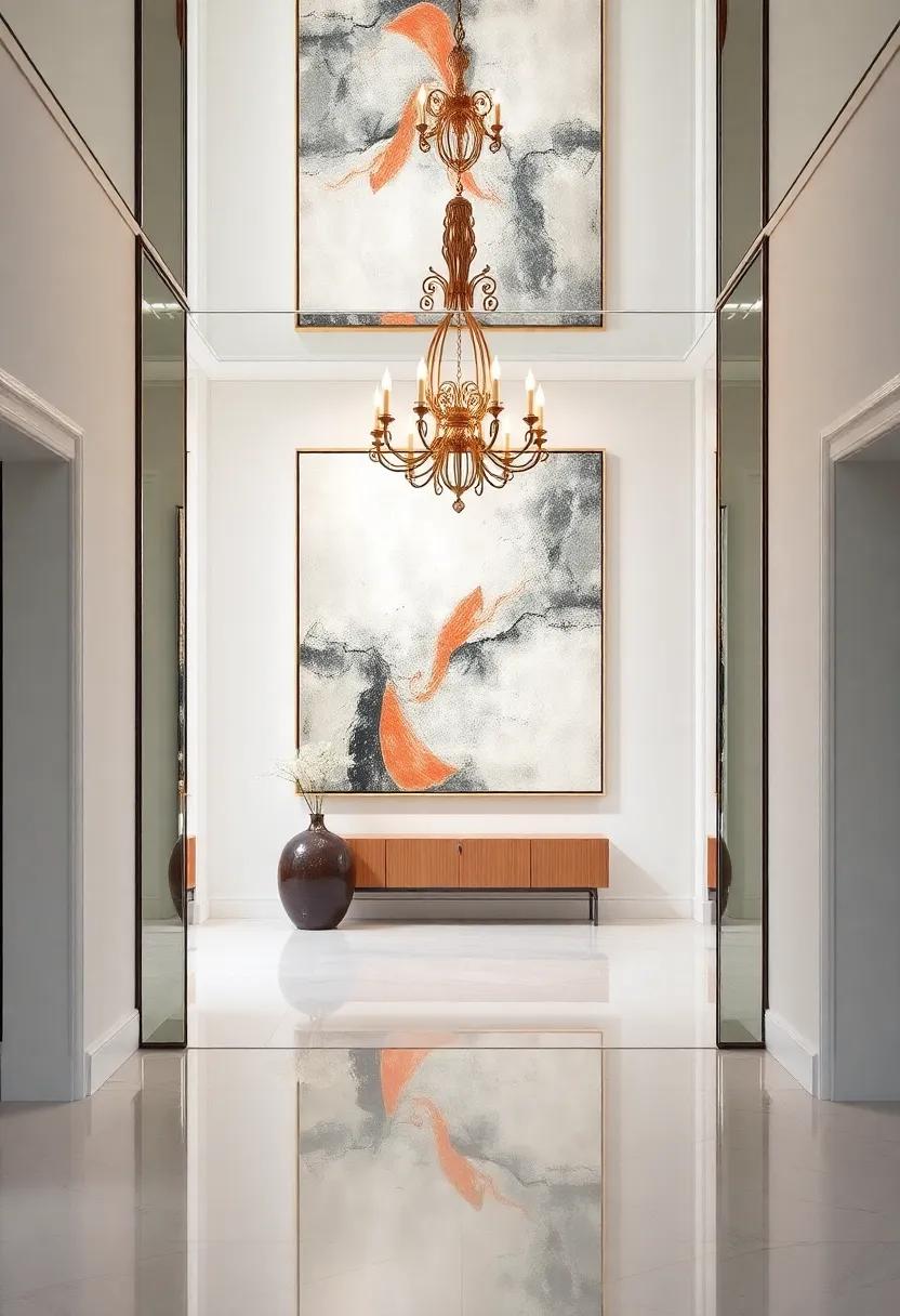 Frame your entryway with a mirrored ceiling that complements an oversized artwork,reflecting its beauty while enhancing the overall aesthetics of your home