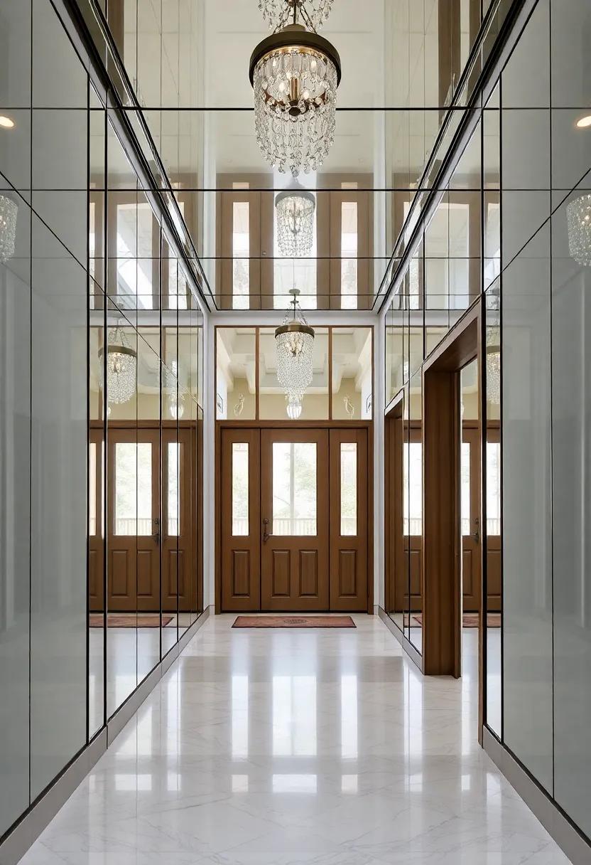 Implement a layered effect with multiple mirrored panels to create depth, drawing visitors’ eyes upward as they enter your home