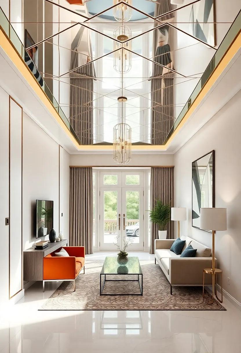 Incorporate geometric patterns in your mirrored ceiling design to create a contemporary feel, reflecting the sharp edges of modern furniture below