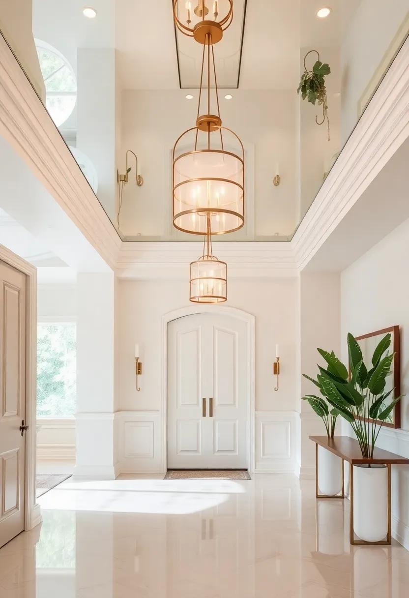 Incorporate overhead pendant lighting with a mirrored ceiling to create a warm ambiance while reflecting light, enhancing the welcoming vibe