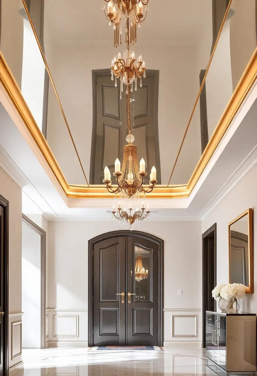 Infuse a touch of glamour with a gold-trimmed mirrored ceiling that captures the essence of luxury and highlights opulent decor elements in your space