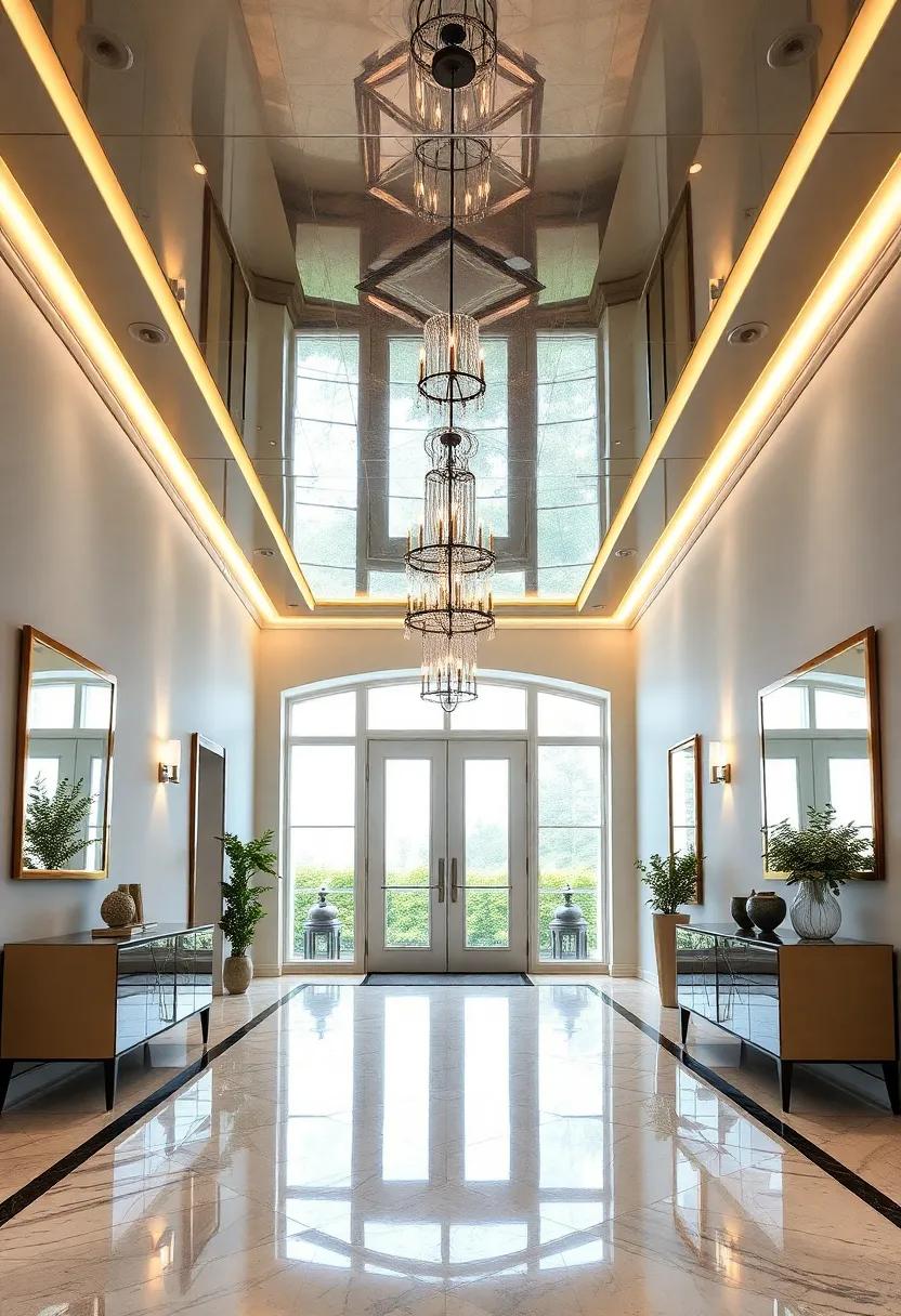 Integrate smart LED lighting within a mirrored ceiling design to create a dynamic entryway that transforms from day to night