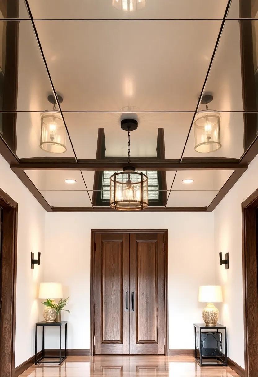 Intermingle mirrored panels with wood or metal elements in your ceiling for a rustic-industrial look that balances warmth with modernity