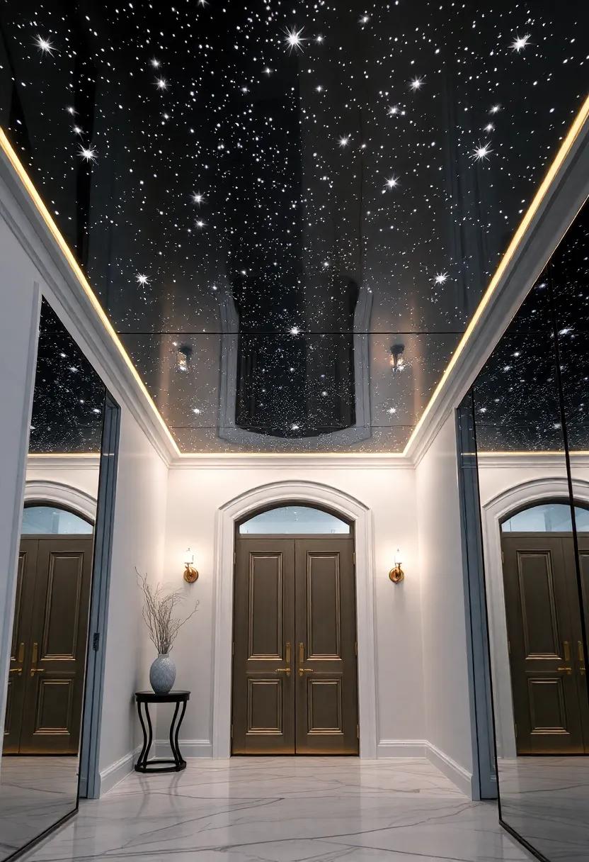Opt for a starry-night effect with a mirrored ceiling that incorporates tiny lights, giving the illusion of a twinkling sky as you enter