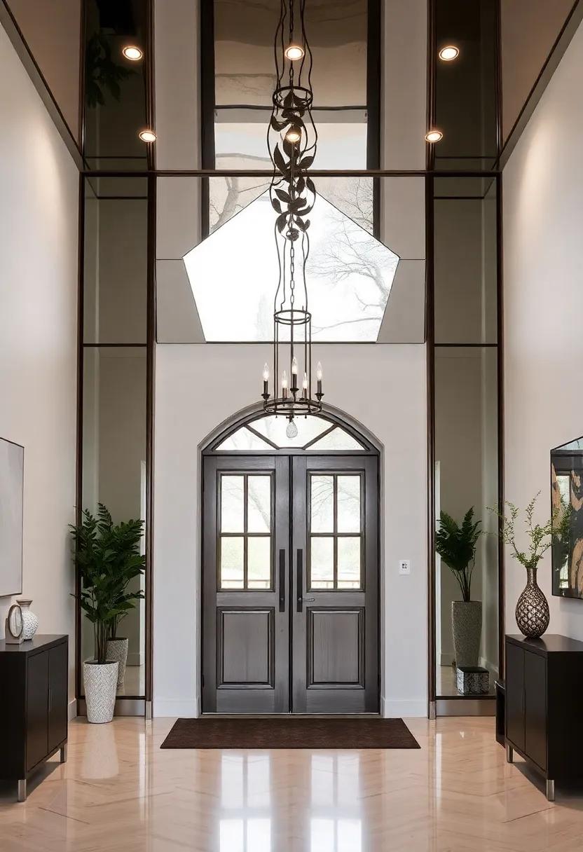 Play with asymmetrical shapes in your mirrored ceiling layout, creating a unique design that adds visual intrigue to your entryway