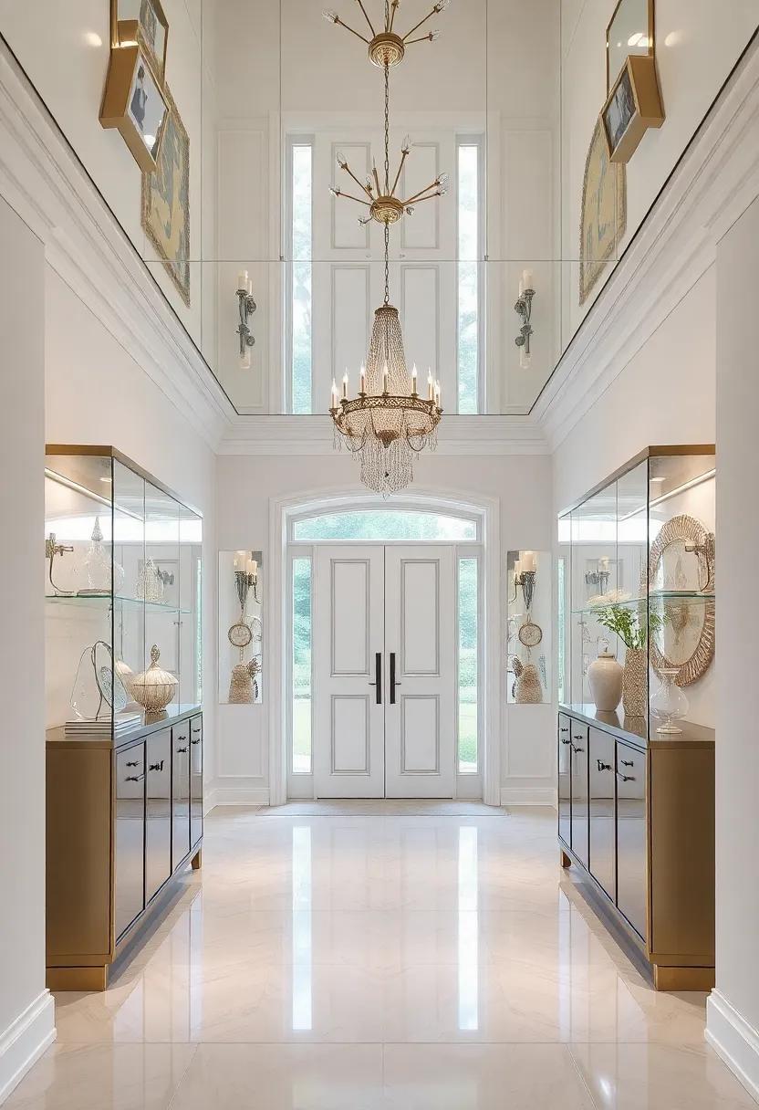 Showcase your collection with a mirrored ceiling that complements elegant display cabinets, allowing every item to shine in your entryway