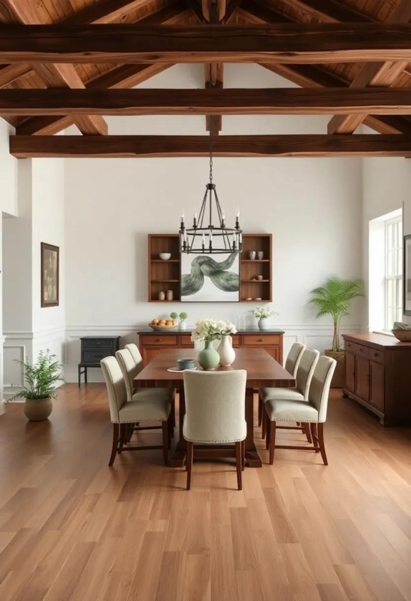 Inviting ⁣Farmhouse Dining ⁤Room with Rustic⁢ Beams ⁤and Cozy ‌accents