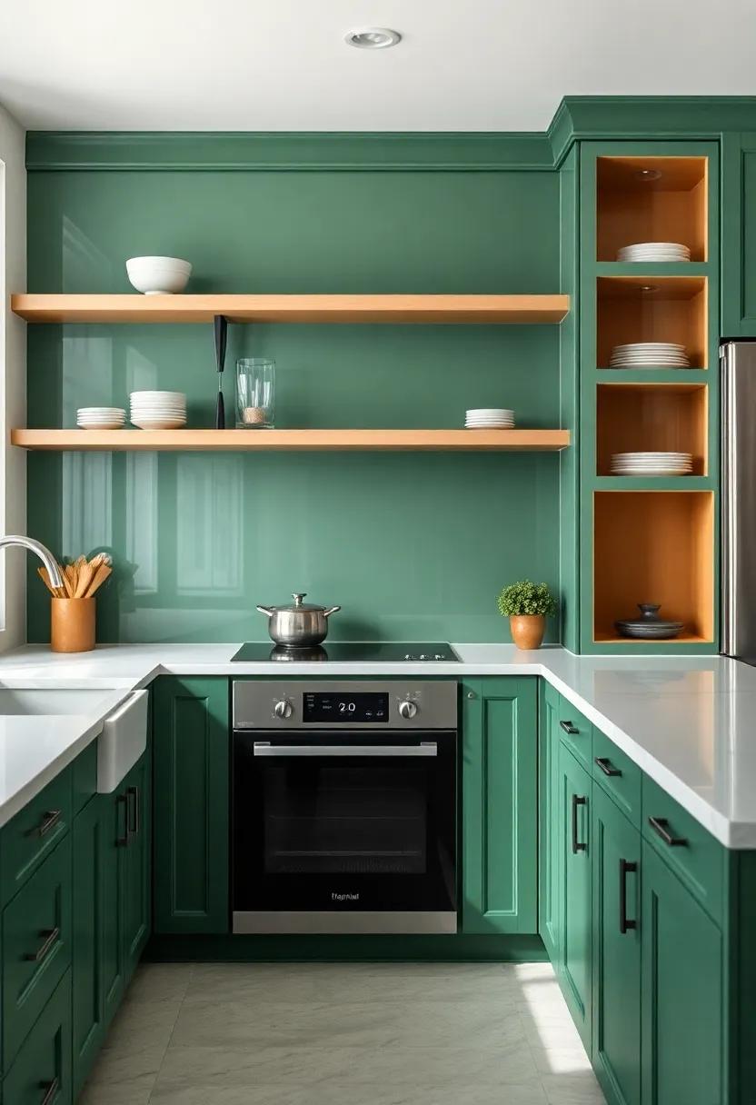Open Shelving and Glass ⁢Accents to⁤ Highlight forest Green Features