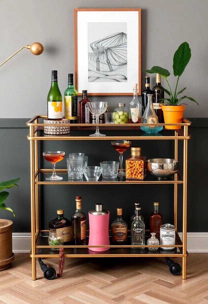 Curate a Stylish Bar Cart: Set up a colorful and well-decorated bar cart with glassware and fun cocktail accessories for entertainment flair