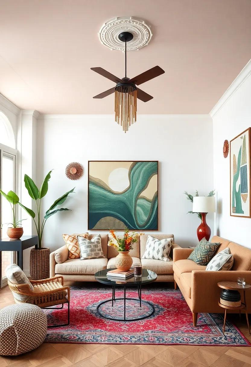Experiment with Ceiling Decor: Don’t forget about the fifth wall; consider painted ceilings or hanging decorative elements for added interest