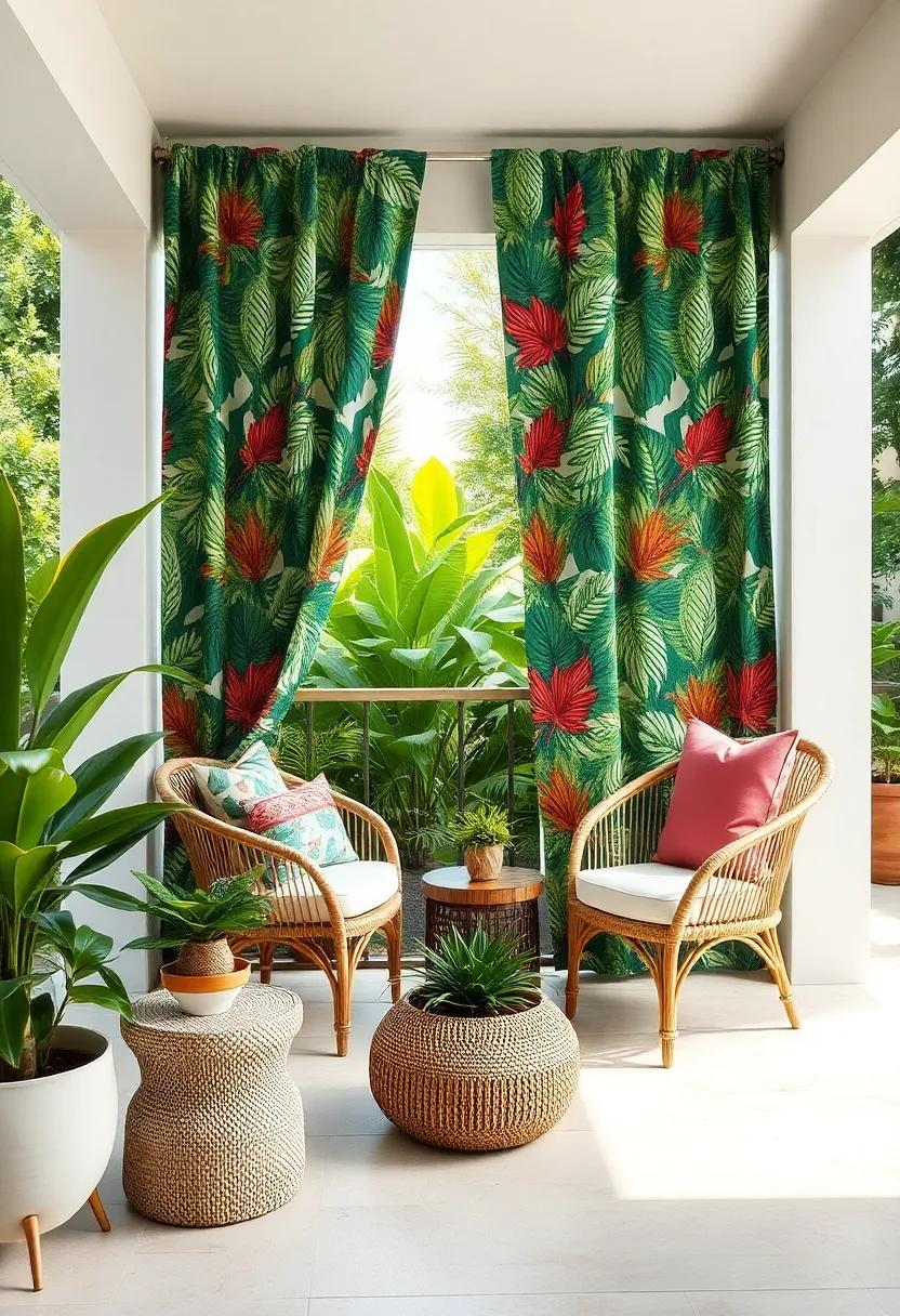 Tropical Escape: Use vibrant, leaf-patterned outdoor curtains to create a lush, jungle-inspired retreat right in your backyard