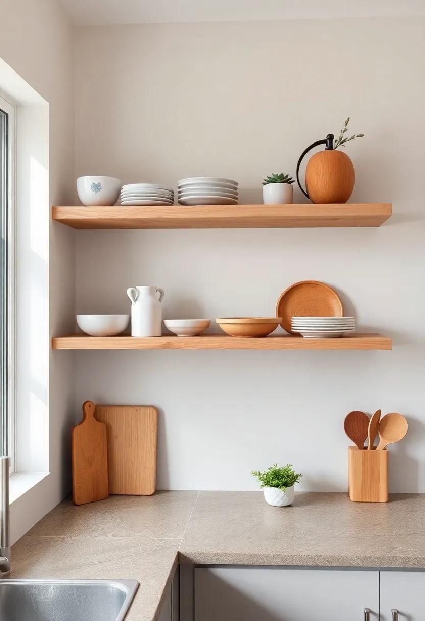 Floating Serenity: Take advantage of floating shelves in soft, natural finishes to create a serene backdrop against your kitchen’s vibrant colors