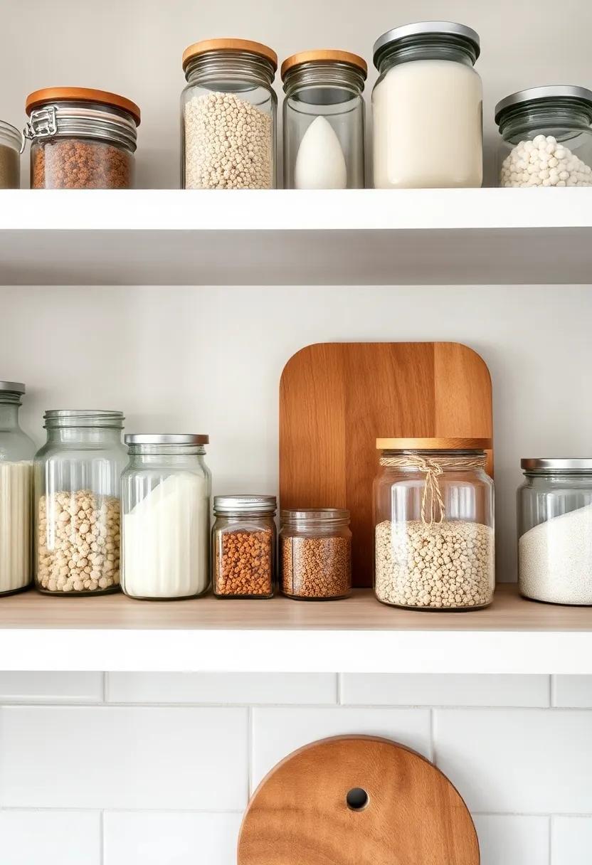Simple Glass Jars: Display your pantry staples ​in elegant glass jars ‌on open shelves, merging organization with rustic aesthetics