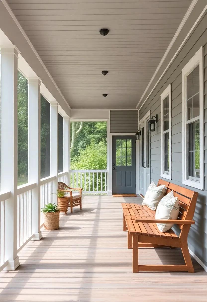 Soft Grays Complementing Natural Wood for a Harmonious Porch Design