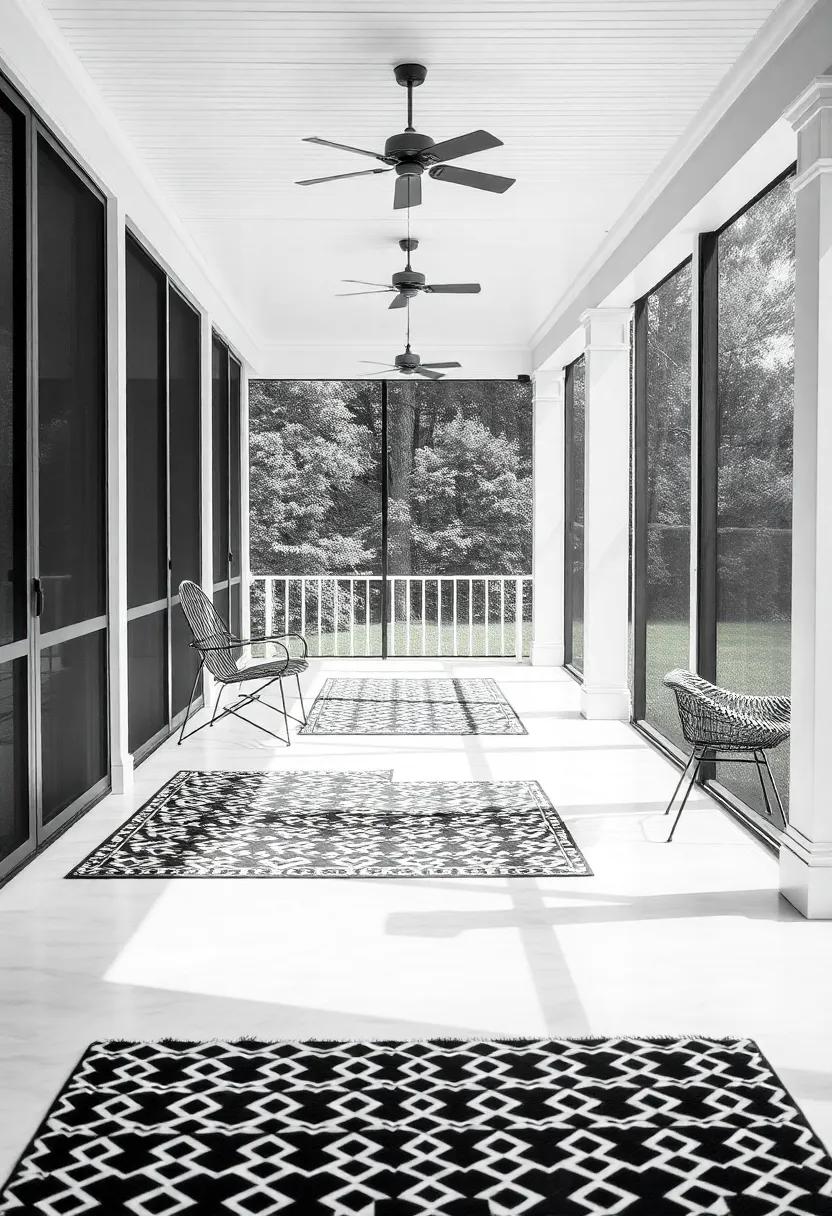 Monochrome Magic: Choose black and white patterned rugs for a sophisticated contrast against lighter flooring, perfect for modern aesthetics
