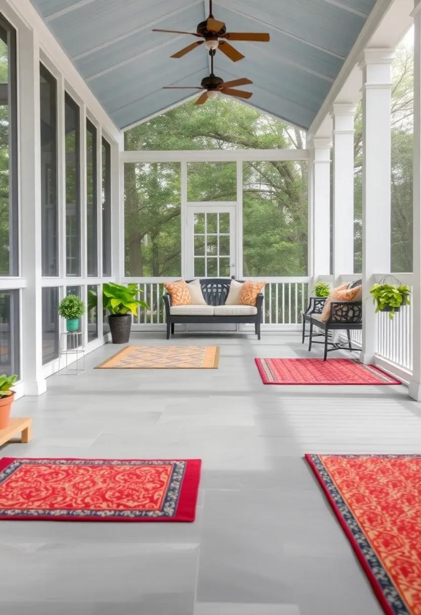 Pathway Pavers: Use outdoor-friendly tiles as flooring, ​combined with colorful rugs that delineate ​cozy areas and guide the eye