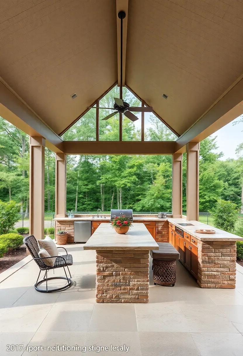 Embracing Nature: Discover an open-screened porch that blends ⁣seamlessly with the⁣ surrounding landscape,​ showcasing a rustic outdoor kitchen with natural stone countertops