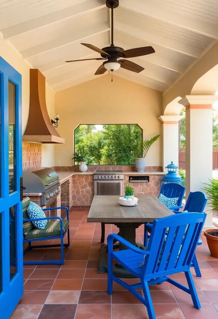 Mediterranean​ Flair: Enjoy the warmth of⁣ a Mediterranean-inspired screened⁤ porch,featuring a cozy outdoor kitchen ​with terracotta⁢ tiles ‌and vibrant blue accents reflecting sun-drenched⁣ locales