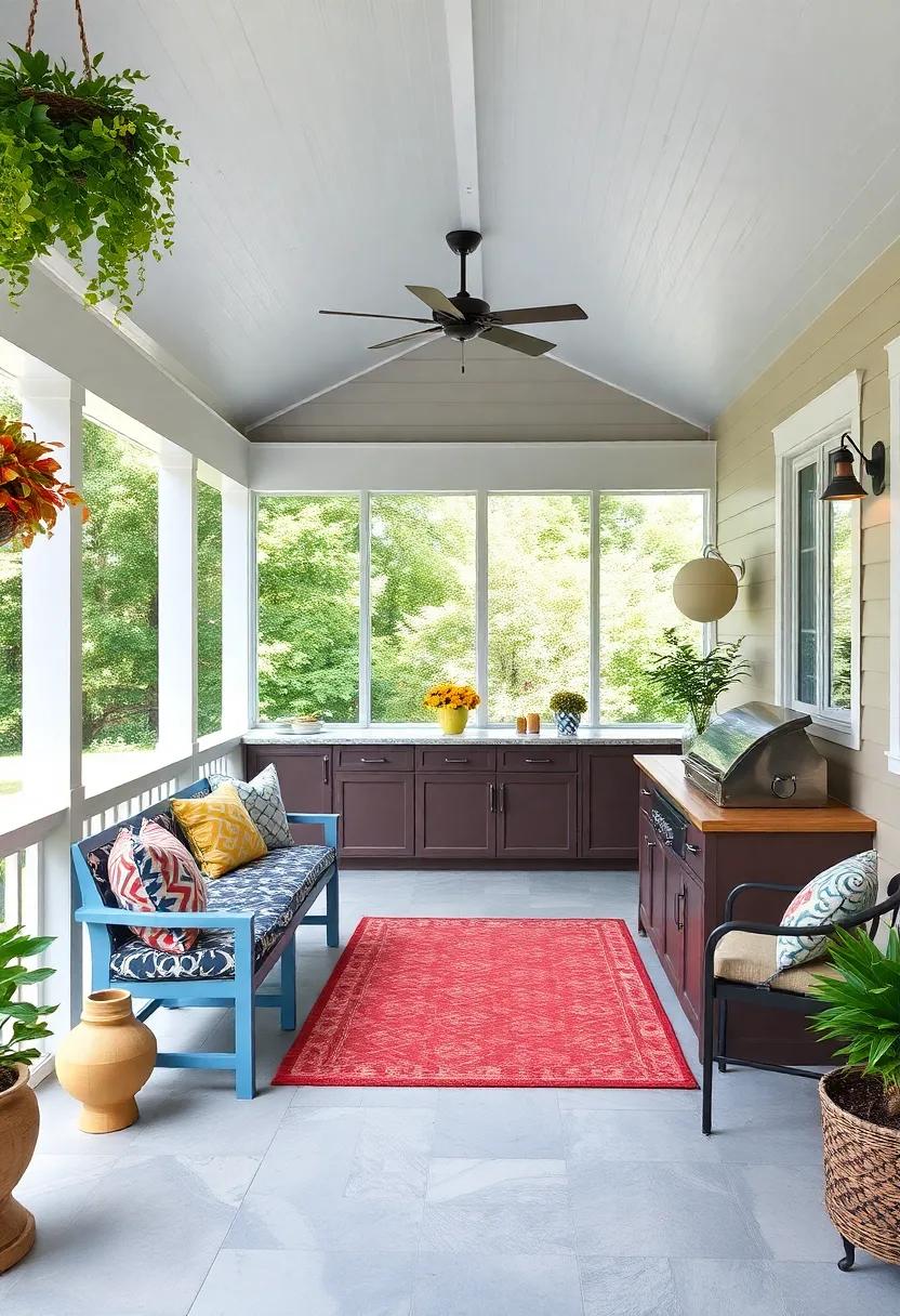 Coastal Charm: Explore a ⁢beach-inspired ​screened porch adorned with vibrant colors,a built-in grill,and a fun tiki bar ⁣that⁢ captures the essence of seaside living