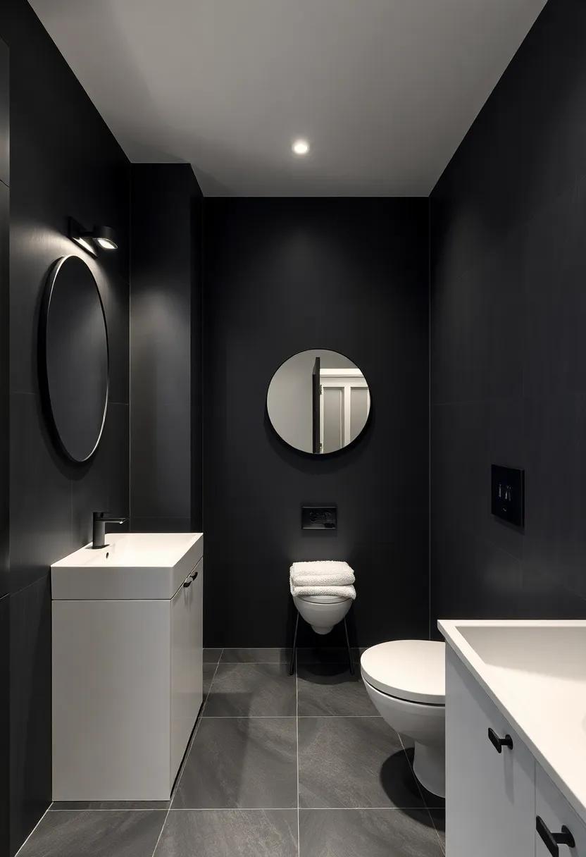 Concealed ‌Charm:​ Smart Storage Solutions in Dark-walled Bathrooms