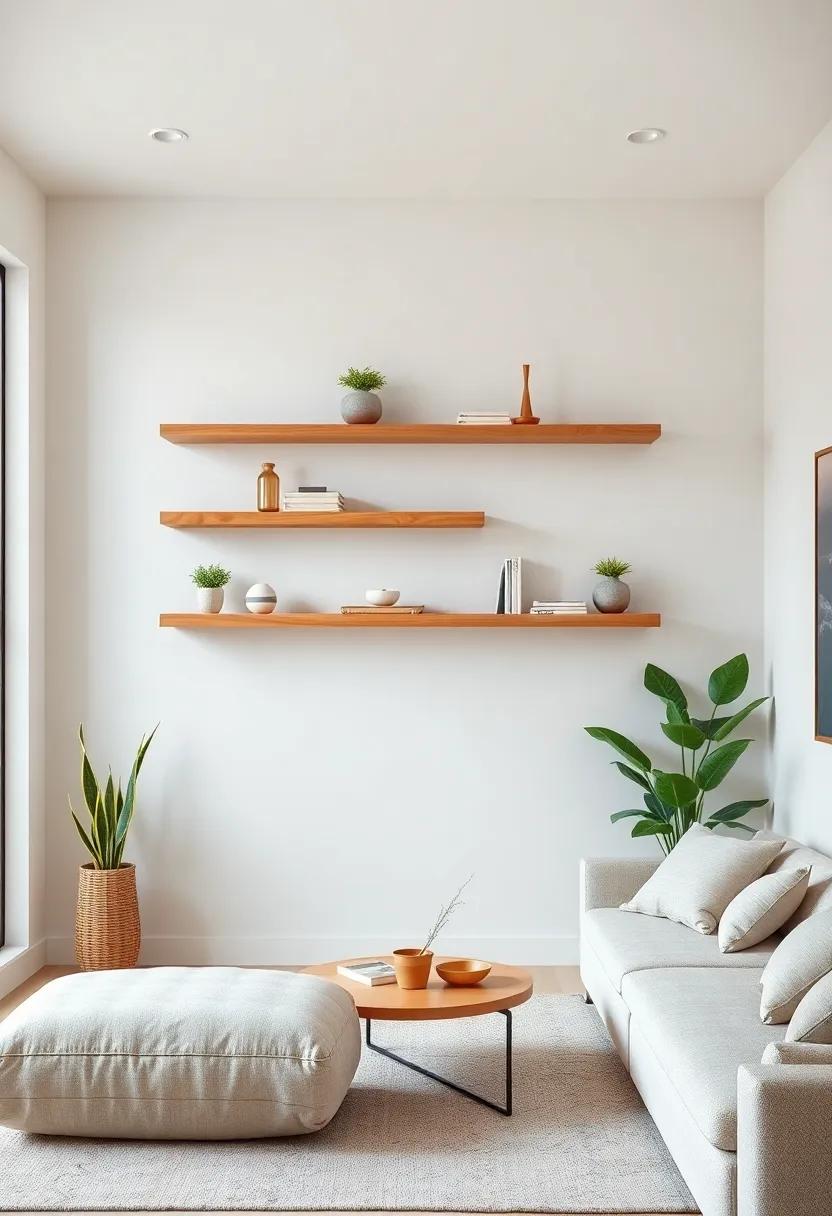 Floating wooden shelves in a ⁣warm ⁢finish ⁣to add a touch of nature without taking up ⁣floor⁣ space